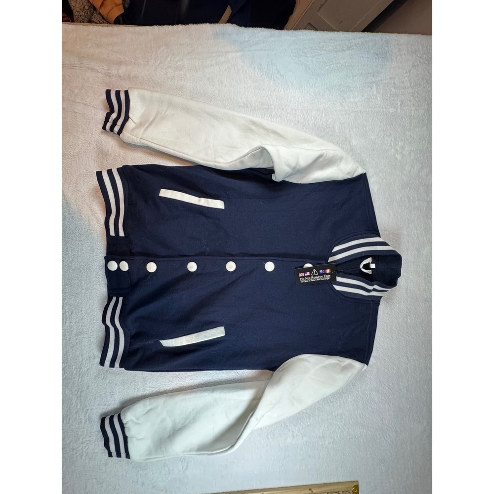 Navy Blue and White Varsity Letterman Jacket‎ Snap Front Striped Trim XS